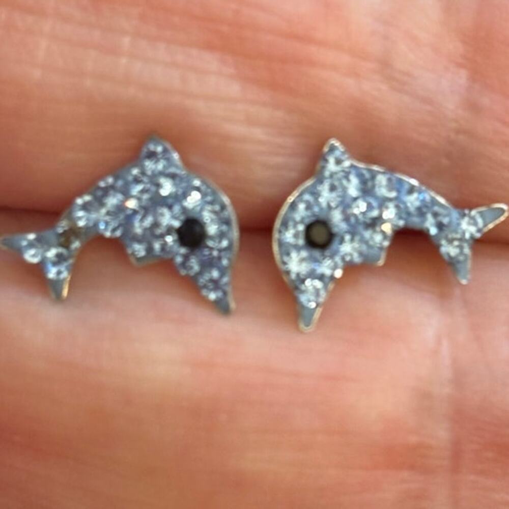 Vintage Sterling Silver Dolphin Earrings Rhinestone